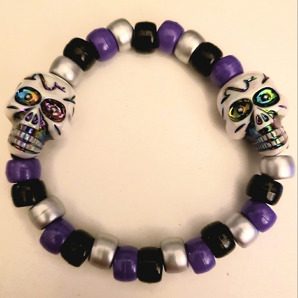 Handmade Purple Silver Black Skull kandi bracelet